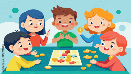 A group of children playing a board game about managing money learning important financial lessons in a fun and interactive way.. Vector illustration