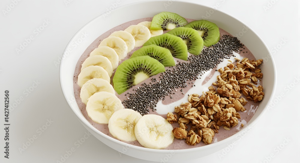 A white bowl filled with a smoothie topped with banana kiwi chia seeds and granola on a white background A white bowl filled with a smoothie topped with banana kiwi chia seeds and granola on a white background