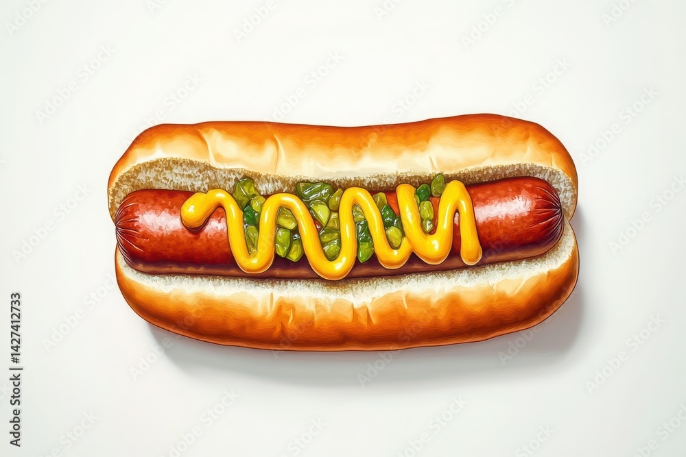 Delicious hotdog with mustard and relish topping on white background Delicious hotdog with mustard and relish topping on white background