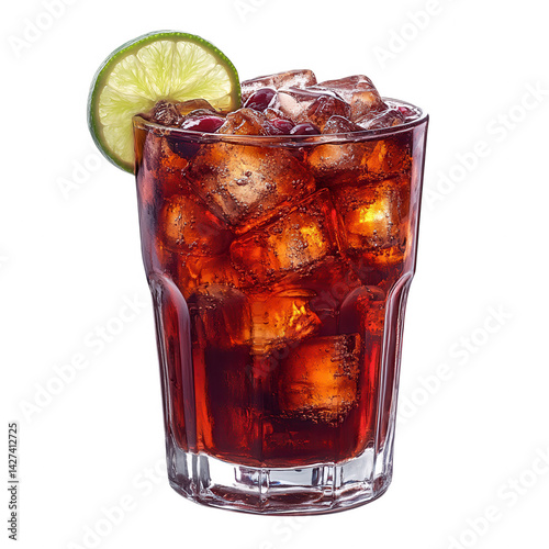 Refreshing cuba libre cocktail with lime and ice for summer drink recipe and party celebration ideas on transparent background