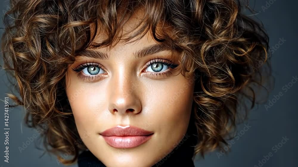 Close-up studio portrait of a captivating young woman with striking blue eyes, wavy brown hair, and perfect skin. Beauty and health concept. Close-up studio portrait of a captivating young woman with striking blue eyes, wavy brown hair, and perfect skin. Beauty and health concept.