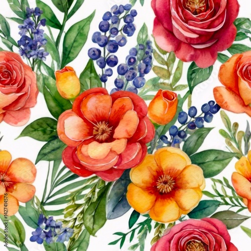 Watercolor Colorful Flower Floral Pattern on White Background