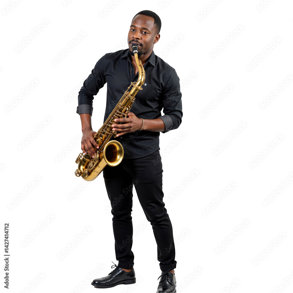 Fototapeta premium A Black Male Saxophonist Performing with Passion and Skill Against a Solid transparent background, Showcasing His Musical Talent and Love for Jazz.