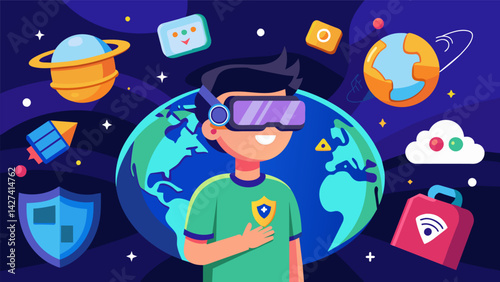 A virtual reality game where children can navigate through a simulated online world and learn about their privacy rights.. Vector illustration