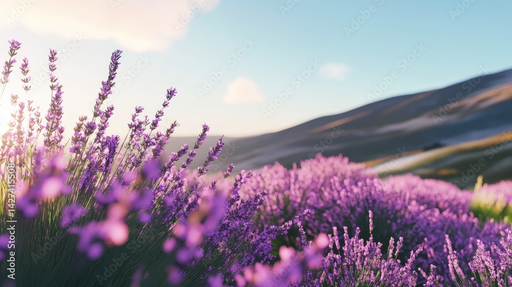 Obraz premium Serene Lavender Field at Sunset: A Tranquil Landscape