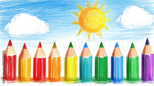 A drawing of a row of pencils with the sun in the background. The pencils are in various colors and the sun is shining brightly. Scene is cheerful and playful