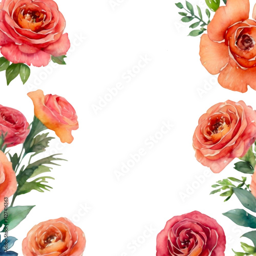 Watercolor Red Rose Flower Floral Frame Border on Transparent Background