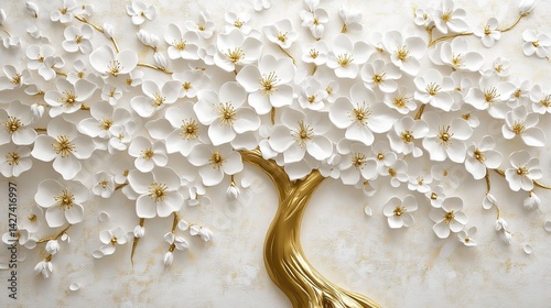 Golden Tree with White Flowers. Decorative 3D Mural Wallpaper for Luxury Design. Elegant Floral Pattern in High-Quality AI-Generated Image. Ideal for Modern Home Decor and Interior Design.