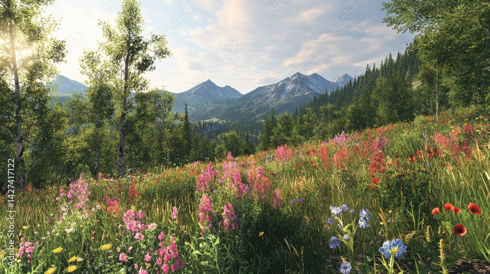 Fototapeta premium Serene Mountain Meadow Landscape at Sunrise