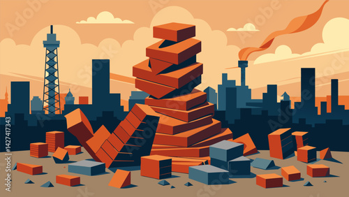 Piles of bricks and twisted metal lay tered around the site a testament to the progress being made in this bustling urban renewal project.. Vector illustration