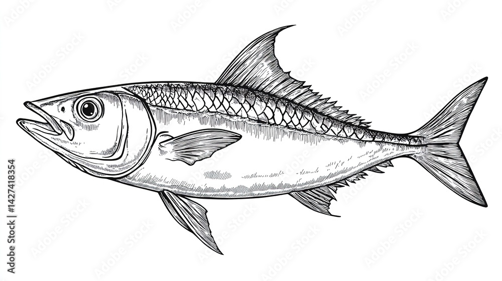 Mackerel Fish with Intricate Line Work and Realistic Texture. Isolated White Sketch Engraving Generative AI PNG Illustration. Scratch Board Imitation in Black and White. Mackerel Fish with Intricate Line Work and Realistic Texture. Isolated White Sketch Engraving Generative AI PNG Illustration. Scratch Board Imitation in Black and White.