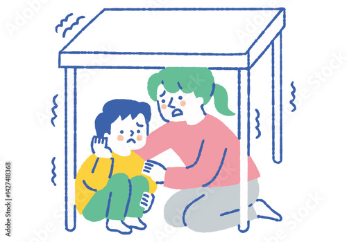 Mother and child taking shelter under a table_Color