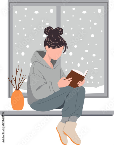 Cozy window reading moment on a snowy day – flat design illustration