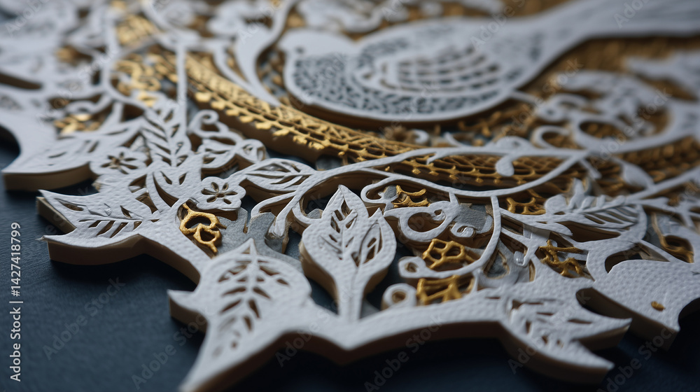 Fototapeta premium Intricate Paper Cut Design With Gold Accents On Dark Background Wallpaper