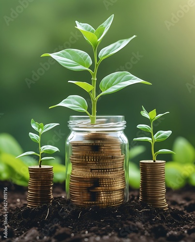 Sprouting plants on rising coin stacks beside a bitcoin‑filled jar, illustrating green finance, blockchain prosperity, responsible money management, and eco stewardship for future wealth wallpaper

