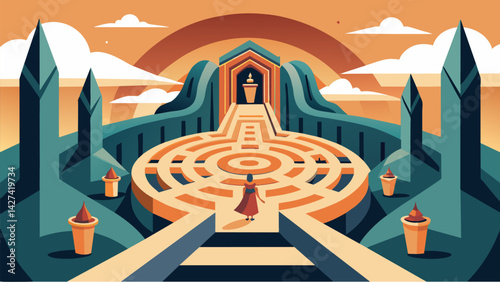 A path through a labyrinth with walls adorned with stoic teachings and imagery.. Vector illustration
