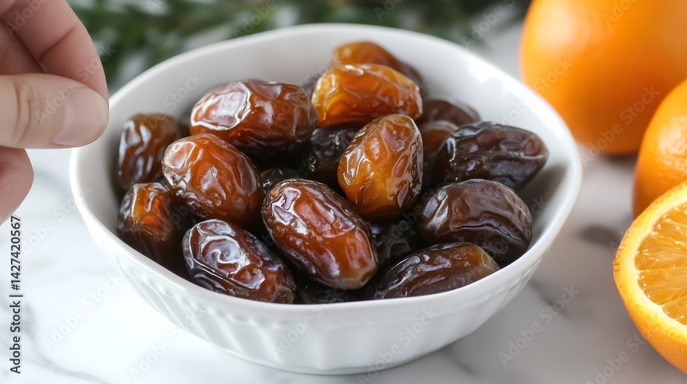 Hand picking medjool dates from a bowl with oranges nearby Hand picking medjool dates from a bowl with oranges nearby