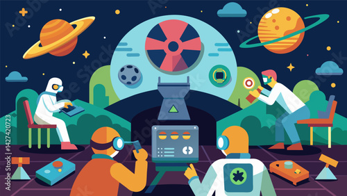 A game where players must design and maintain a sustainable space colony facing challenges like radiation exposure and limited resources.. Vector illustration