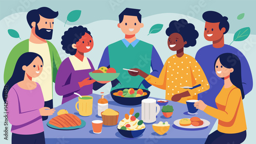 A group of digital nomads gathering for a potluck dinner each bringing their own affordable and healthy dish to share.. Vector illustration