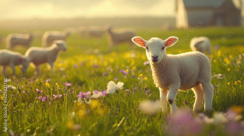 Fototapeta premium Adorable Lamb in a Spring Meadow