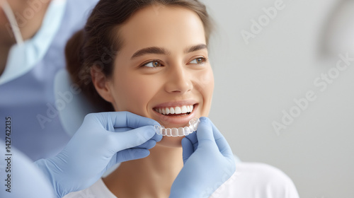 Dental professional fitting clear aligners on a smiling woman in a bright clinic setting during a routine orthodontic appointment