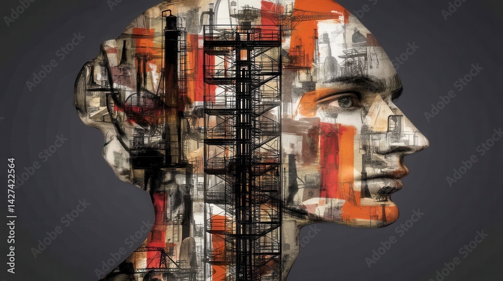 Creative Double Exposure Artwork Featuring Abstract Human Portrait with Soft Icon Style and Geometric Elements Creative Double Exposure Artwork Featuring Abstract Human Portrait with Soft Icon Style and Geometric Elements