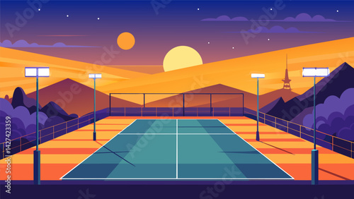 As the sun began to set the outdoor courts were illuminated with floodlights keeping the tournament alive well into the night.. Vector illustration