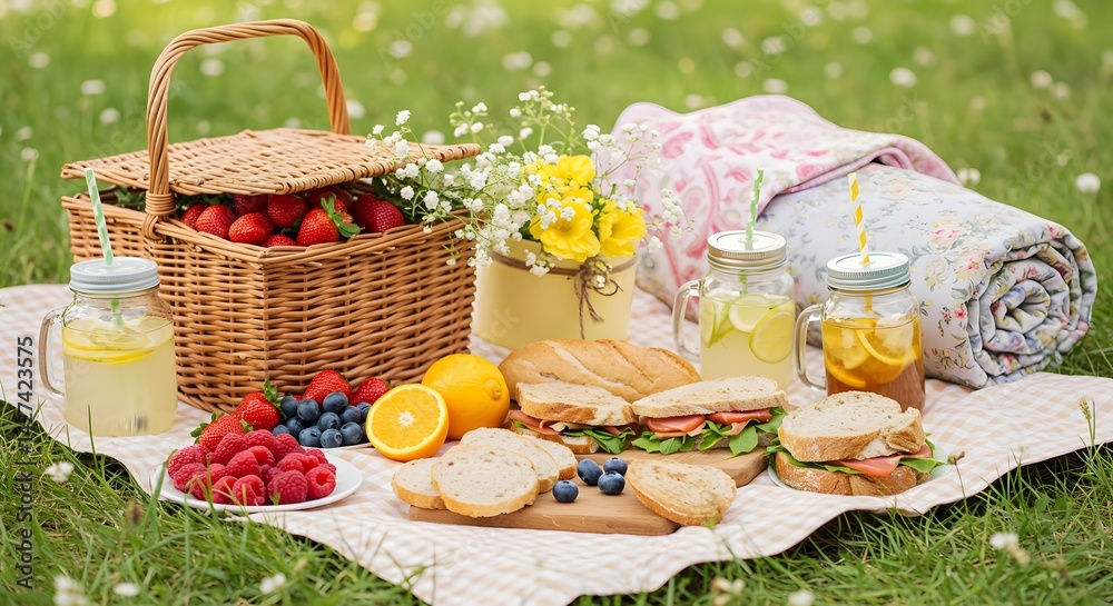 Charming Picnic Setup on Green Lawn with Sandwiches and Fresh Berries Charming Picnic Setup on Green Lawn with Sandwiches and Fresh Berries