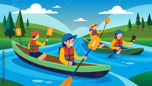 A group of scouts paddle along a river in their kayaks each one equipped with a waterproof smartphone that they use to document their journey through. Vector illustration