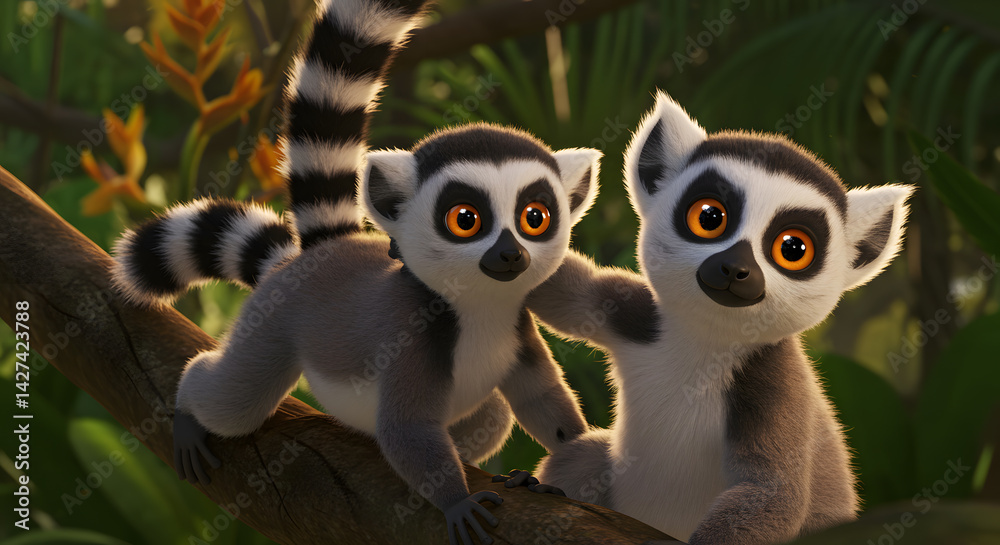Obraz premium Two Ring-tailed Animals on a Tree Branch in a Lush Tropical Setting