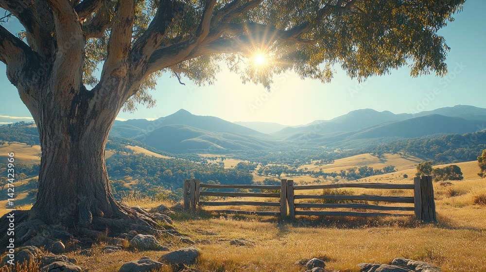 Obraz premium Sunrise Mountain Ranch, Tree, Fence, Scenic View