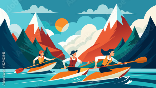 Against a backdrop of towering mountains the paddlers race on their boards their determined expressions showing their fierce determination.. Vector illustration
