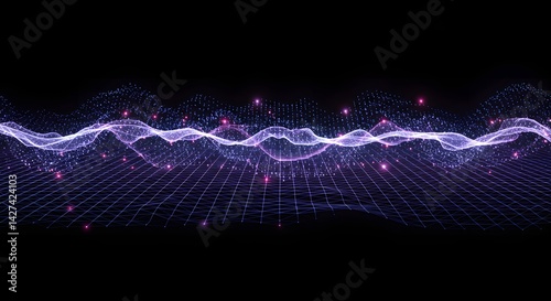 Abstract purple grid with glowing particles and wavy lines against a dark black background design art
