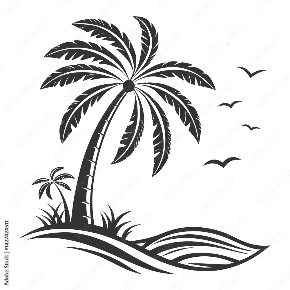 Fototapeta premium Minimalist Palm Tree Silhouette Vector – Tropical Beach Icon in Black and White