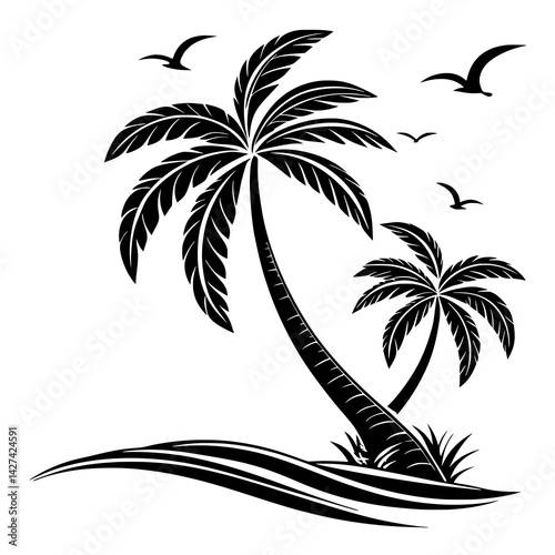 Minimalist Palm Tree Silhouette Vector – Tropical Beach Icon in Black and White