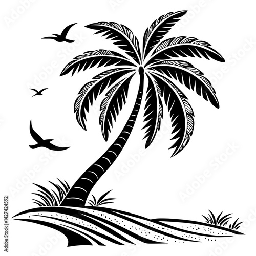 Minimalist Palm Tree Silhouette Vector – Tropical Beach Icon in Black and White