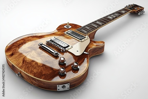 An elegantly crafted electric guitar with intricate wooden grain details