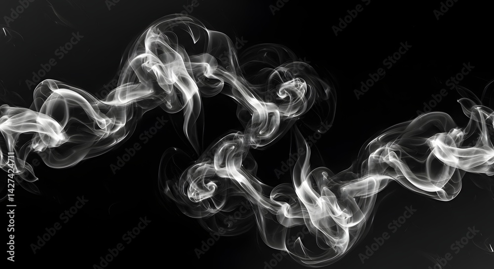Abstract image of swirling white smoke patterns against a stark black background creating contrast art Abstract image of swirling white smoke patterns against a stark black background creating contrast art