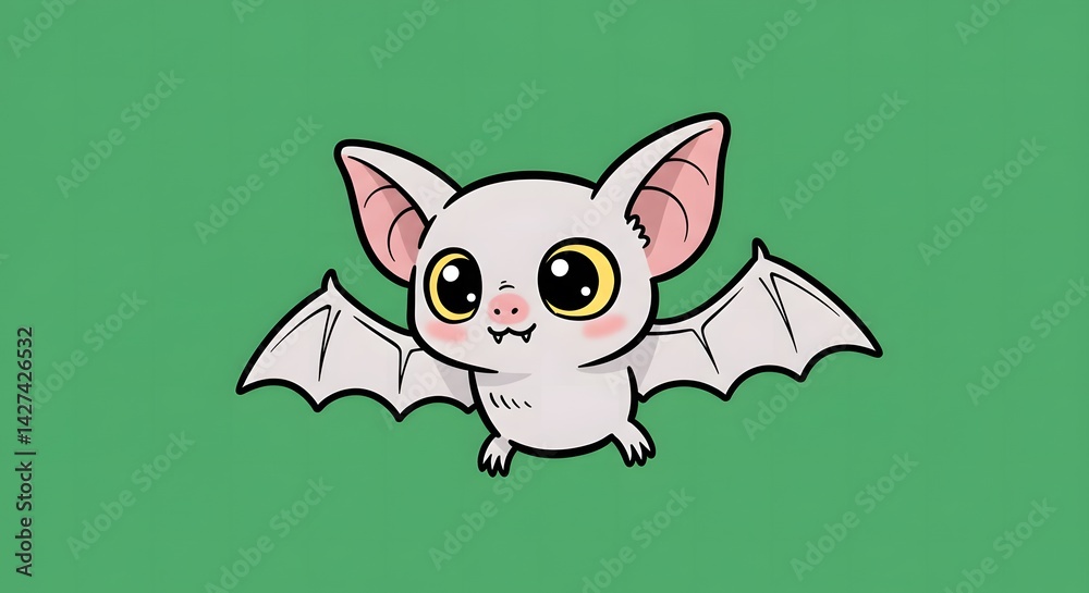Obraz premium Cartoon Bat Flying with Big Eyes Against Green Background Illustration