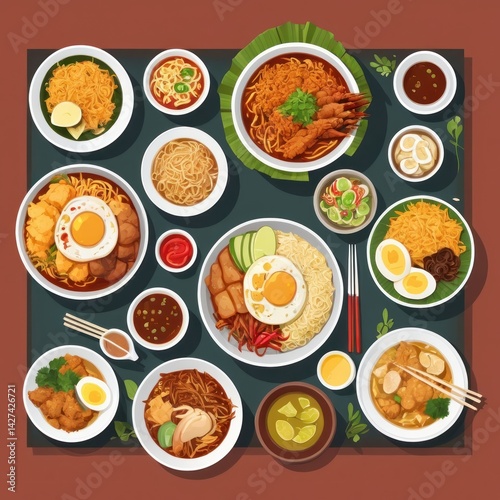 Wallpaper Mural vibrant and colorful illustration featuring a variety of Asian dishes arranged on a teal background Torontodigital.ca