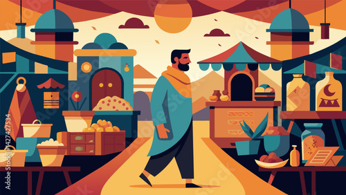 He passes by a bustling marketplace filled with treasures and trinkets but his only desire is for knowledge and enlightenment.. Vector illustration