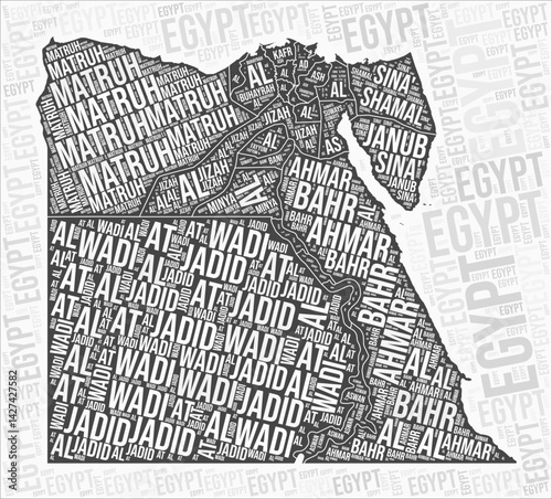 Egypt regions map word cloud. Egypt region names. Black and white map design. Creative vector illustration.