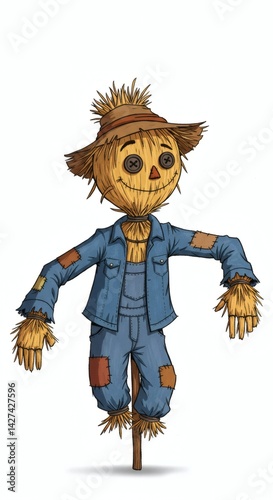 Cartoon illustration of a scarecrow with button eyes and a straw hat on a white background