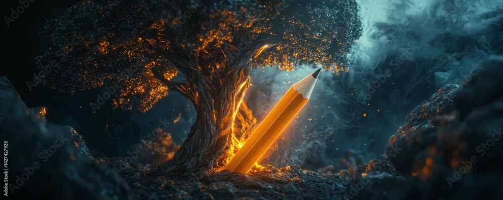 Naklejka premium An artistic tree with a glowing pencil, symbolizing creativity and nature's beauty.