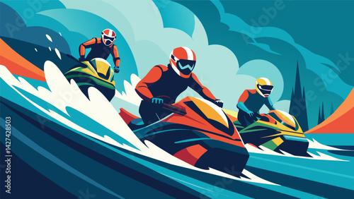 Adrenaline pumping as racers push their jet skis to their limits creating waves in their wake.. Vector illustration
