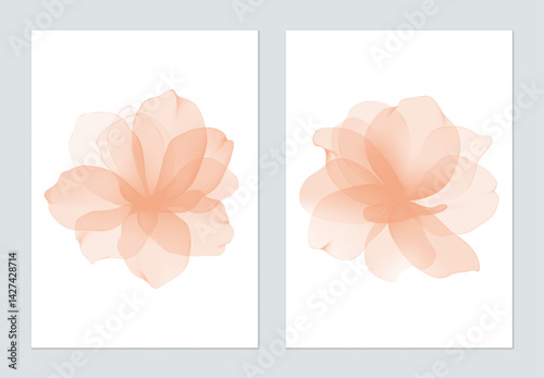 Floral wall art set, soft and translucent camellia flowers in shades of peach...