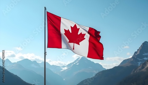 The Canadian flag, adorned with a maple leaf, billows in the wind, representing national pride on Canada Day