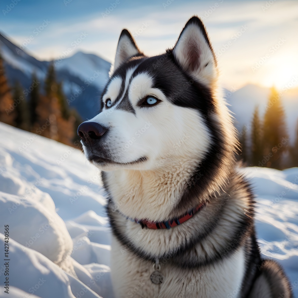 Naklejka premium Potrait of side face of husky Dog having photo session in the morning, with forest and snowy mountain background AI Generated Image
