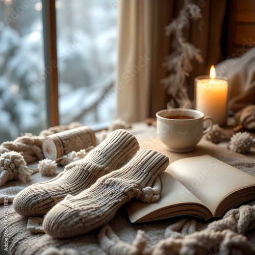 Cozy Winter Scene Warm Socks Tea Book and Candle by Window