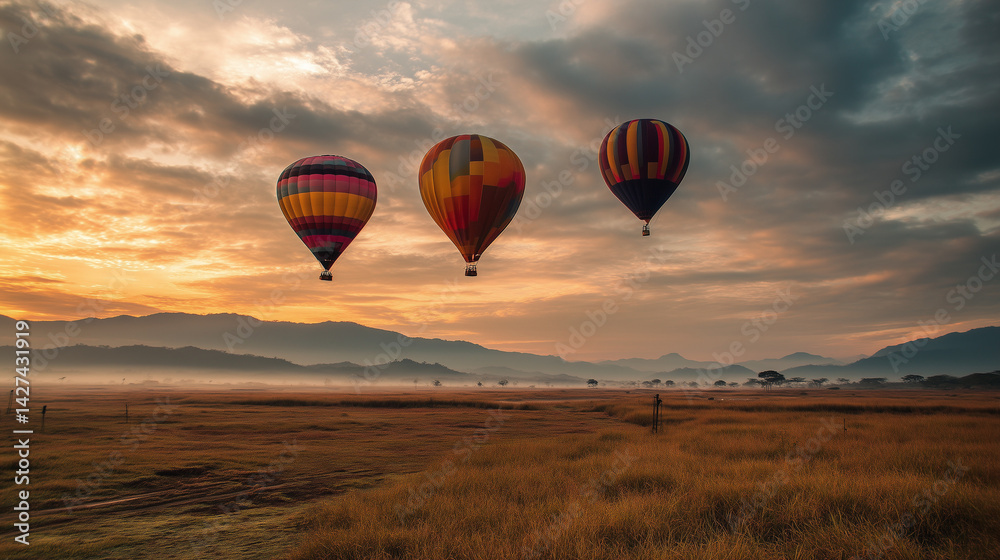 Obraz premium Magical Tranquil Sunrise Landscape with Colorful Hot Air Balloons Drifting Gracefully Over Verdant Valley Skies